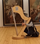 Na obrázku náš klient klečí u harfy beze strun a hraje na ní - místo skutečných strun využívá magnetické pole a světelné senzory, reagující na pohyb ruky, čímž vytváří zvuky jako tradiční harfa, ale bez fyzických strun – princip elektromagnetické indukce.